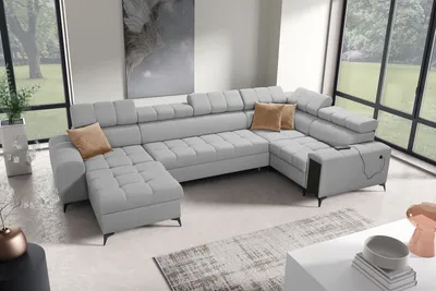 Produktbild von Wohnzimmer Sofa Wohnlandschaft in U-Form Ecksofa GREKO IV MAXI Grau Stoff AVRA 16 Ottomane Links IM SOFA