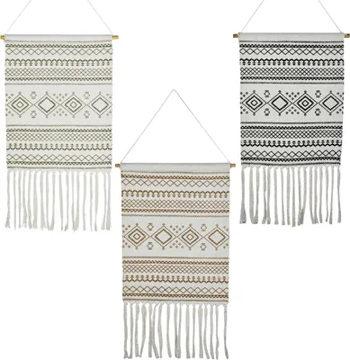 Produktbild von Marrakesch 3er Set Boho Wandbehang Calegora 45x85 cm | Wandteppich Deko Makramee Beige Schwarz Grau | Gewebte Wanddeko für Wohnzimmer Schlafzimmer Flur Büro | Wandkunst modern im Skandi Stil