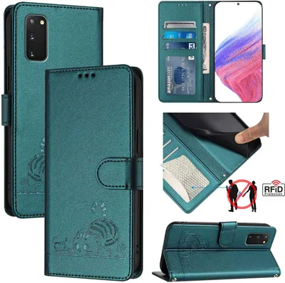 Produktbild von Leder Hülle für Samsung Galaxy S20 FE 5G / S20 FE 2022 Süße Katze Flip Case Brieftasche Schutzhülle mit Standfunktion Grün