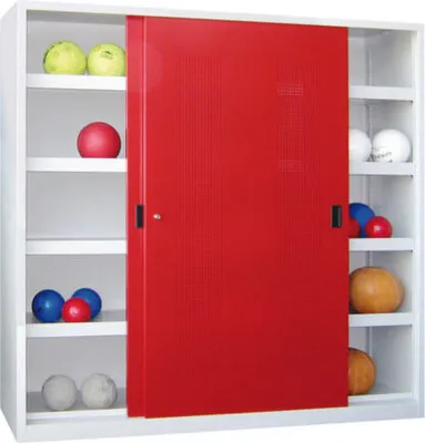 Produktbild von Ballschrank - Schiebetüren - Trennwand - 8 Böden - 1.950x2.000x600 mm (HxBxT) - rubinrot/zinkgelb