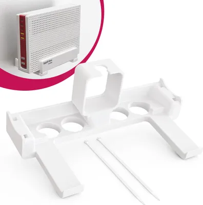 Produktbild von Wandhalterung & Steckdosenhalterung passend für FritzBox 6690/6591 Cable | Router Halterung zur Wandmontage | Schraubenlose Befestigung mit Netzteil-Halterung | Integriertes Kabelmanagement