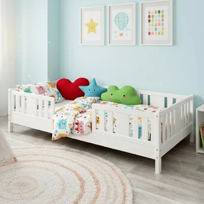 Produktbild von MEBLE WRÓBEL Kinderbett 80x180 cm - Jugendbett mit Lattenrost & Rausfallschutz - Einzelbett Kinder Bett aus Kiefer Massivholz Weiß - Kleinkindbett für Jungen & Mädchen - Standhöhe 10 cm