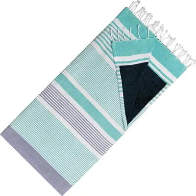 Produktbild von Hamamtuch Doppelseitiges Kikoy-Tuch & Frottee – Trendiges Hamamtuch – 100 % Baumwolle – 95 x 175 cm – Türkisblaues Marineblau
