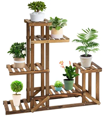 Produktbild von Blumenständer Pflanzenregal 6 Ebenen Vierstufiges Blumenregal Blumentreppe Blumenleiter Massivholz Verkohlt 98 x 28 x 96,5 cm