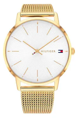 Produktbild von Tommy Hilfiger Analog Quarzuhr für Damen mit Gelbgoldfarbenes Edelstahl-Mesh-Gli