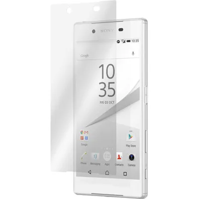A clear screen protector is shown in front of a white Sony Xperia Z5 smartphone.