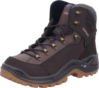 A single brown hiking boot is shown against a white background.