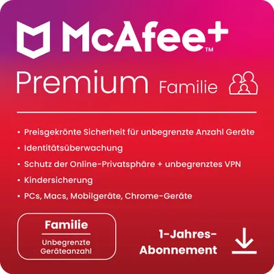 Produktbild von McAfee PREMIUM Family Security / 2+4 Nutzer / Unlimit-Geräte / 1 Jahr / Lizenz per E-Mail