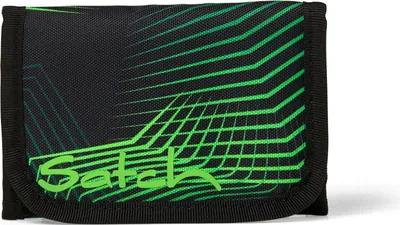 A closed wallet with a geometric green and black pattern.