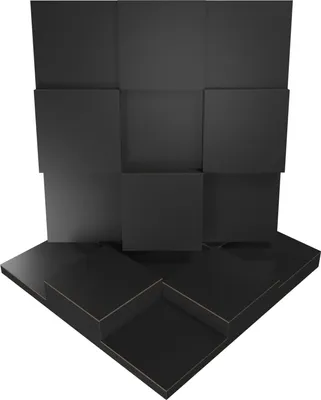 A 3D render of black acoustic diffusion panels arranged in a corner.