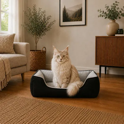 Produktbild von belviona Katzenbett, wendbares Katzenkörbchen mit 2-in-1 Funktion, weich gepolstert & pflegeleicht, 80x60 cm, schwarz/grau