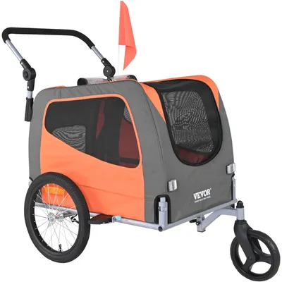Productafbeelding van Fietskar voor honden van VEVOR, geschikt voor dieren tot 30 kg, 2-in-1 fietsdrager/kinderwagen voor huisdieren, gemakkelijk opvouwbaar frame met snelkoppelingwielen, universele fietskoppeling, reflectoren