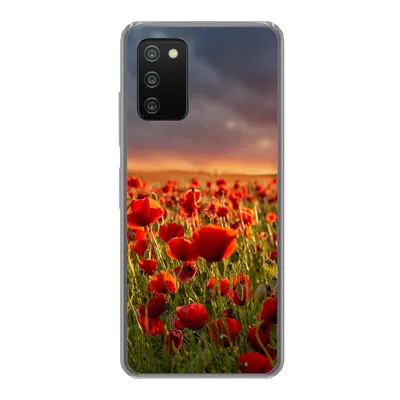 Produktbild von MuchoWow® Handyhülle Schutzhülle Hülle für Samsung Galaxy A03s Sonnenuntergang über einem Feld von Mohnblumen Silikon Softcase Handy Hülle - Schutz