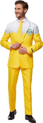 A man wearing a yellow suit with a beer-themed pattern.