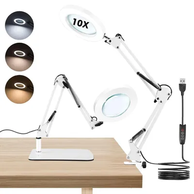 Produktbild von LED Lupenlampe - Tischlampe mit Standfuß & Klemme - 5x Vergrößerung - 3 Farbmodi - 10 Helligkeitsstufen - 2-in-1