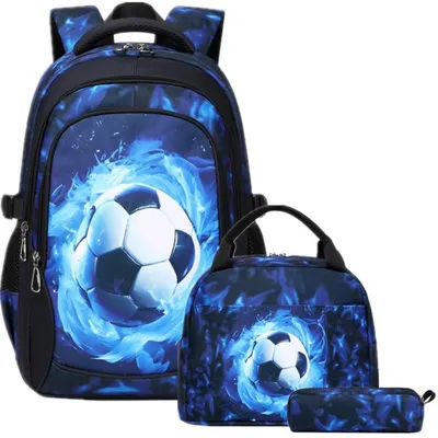 Produktbild von Schulrucksack Set Jungen Teenager Fußball Blau mit Lunchpaket und Mäppchen