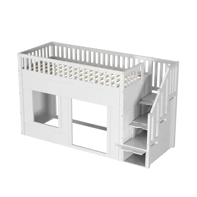 Produktbild von Merax Etagenbett 90x200cm mit Treppenschrank und Stauraum, multifunktionales Hochbett mit umbaubarem Spielraum, Kinderbett mit Massivholzgestell, Weiß