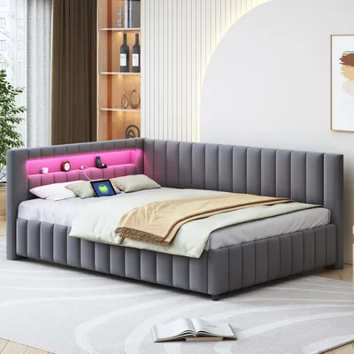 Image de Lit 140x200 cm, canapé-lit avec éclairage LED, port de charge USB, tête de lit, dossier et sommier, tissu velours gris