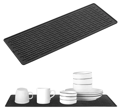 Produktbild von Abtropfmatte aus Silikon 40.5x14.5cm, Rutschfeste Hitzebeständige Geschirr Abtropfmatte Silikon Schmal, Leicht zu Reinigen Silikonmatte Küche Abtropfmatte für Besteck, Tassen, Flaschen, usw.(Schwarz)