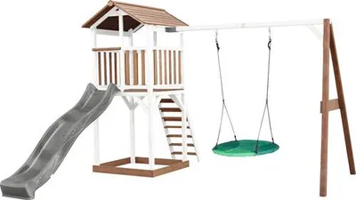 Imagen del producto de AXI Beach Tower torre de juegos de madera en marron y blanco | Casa de juegos para ninos con Tobogan gris, columpio nido y arenero | Casa zancudo