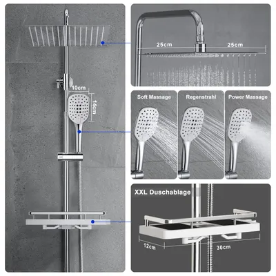Obrázek produktu pro JOHO nerezový sprchový systém dešťová sprcha sprchový set sprchová lišta s policí chrom (horní sprcha 25x25cm)