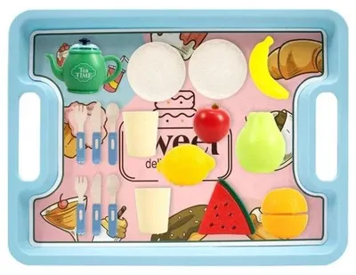 Produktbild von Küchenset für 2 Personen mit Tellern, Besteck, Tassen und Spielobst für Rollenspiele