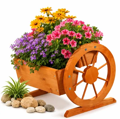 Produktbild von Mucola Pflanzkübel mit Wagenräder aus Holz Garten Dekoration Blumentrog Holzkasten Blumentopf Blumenkasten - Braun