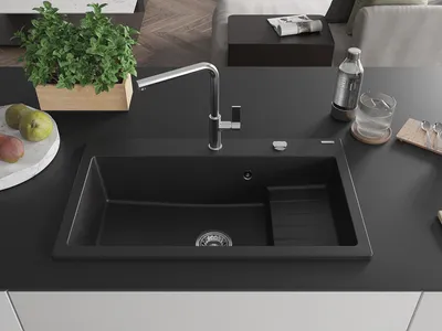 Immagine prodotto di Mexen Omar lavello da cucina in granito 1 vasca 800 x 480 mm, nero, sifone cromato - 6520801005-77
