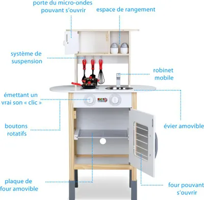 Image de SPIELWERK® Dinette en bois Accessoires en bois 35pcs Four Bords arrondis Hauteur réglable Cuisine pour enfants Jeu éducatif
