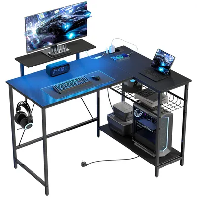 Produktbild von Eck-Gaming-Schreibtisch mit LED-Beleuchtung, Steckdosen, Monitorst?nder und Ablage, Schwarz