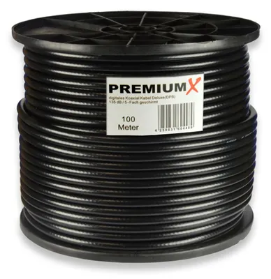 Produktbild von PremiumX DELUXE PRO 100m Koaxial Kabel SCHWARZ 135 dB 5-Fach geschirmt reines Kupfer SAT Antennenkabel 100 m