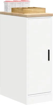 A white storage cabinet with a wooden top and some storage containers on top.