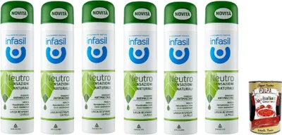 Produktbild von Infasil Deodorant deo Spray Neutro Sensazioni Naturali Fragranza con Olio Essenziale, Fleckenabweisend, ohne Aluminiumsalze, 6x 150ml + Italian Gourmet polpa 400g