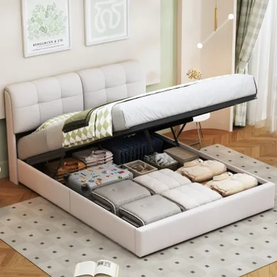 Produktbild von Polsterbett 160x200cm, Stauraumbett Doppelbett Jugendbett mit LED, Boxspringbett Holzbett Funktionsbett, Samt, Beige
