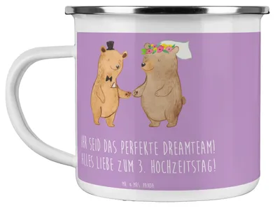 Produktbild von Mr. & Mrs. Panda Pott 3. Hochzeitstag Lederhochzeit Dreamteam - Lavendeltraum - Geschenk, becher emaille, Meilenstein, Heiraten, Hingabe, Blechtasse, Verbindung, Teetasse