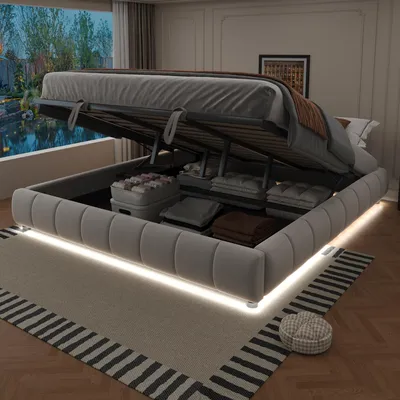 Image de MODFU Lit Coffre 180x200 cm - Lit Double avec Coffre de Rangement et LED Intégré, Lit Capitonnée en Tissu Velours, Sans Matelas - Beige