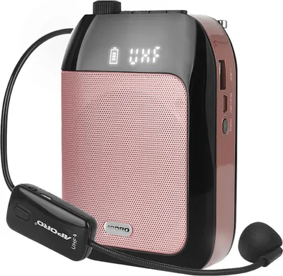 A portable voice amplifier with a wireless headset microphone.