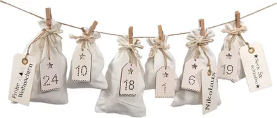 Produktbild von DIY Adventskalender zum Befüllen Schneeflöckchen Baumwollbeutel weiß/creme, Ziffern weiß glitzer/Weihnachtskalender,Beutel,Sack,Säckchen