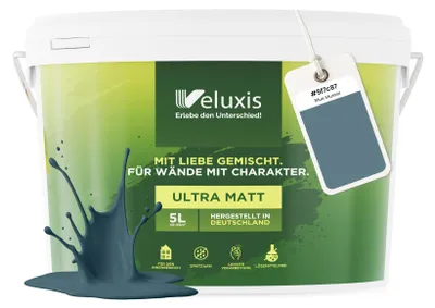 Produktbild von Wandfarbe Blau Grau Petrol Matt Innenfarbe – Deckkraft Klasse 1, VOC-frei, Ohne Grundierung, Tropfarm – Wohnzimmer & Schlafzimmer – 5L – Veluxis (Blue Mussel)