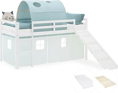 Image de Ensemble de lit mezzanine Homestyle4u 90 x 200 cm pour enfants, blanc, avec matelas  OEKO-TEX® Standard 100, toboggan, rideau et tunnel, vert, lit blanc pour enfants, lit ludique