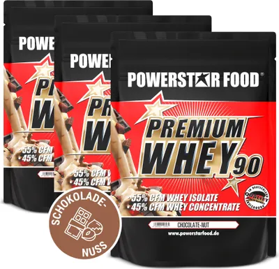 Produktbild von Powerstar PREMIUM WHEY 90 | 90% Protein i.Tr. | Whey-Protein-Pulver 3x850 g | 55% CFM Whey Isolat & 45% CFM Konzentrat | Eiweiß-Pulver Chocolate Nut