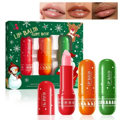 Image de Coffret de 3 baumes à lèvres de Noël, soin nourrissant pour les lèvres sèches, hydratant
