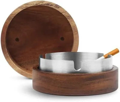 Produktbild von Aschenbecher Für Draussen Mit Deckel Und Edelstahleinsatz, Geruchsdicht Aus Holz, Balkon Windgeschützt Aschenbecher Für HomeOffice Garten Bar Restaurant Draußen Drinnen