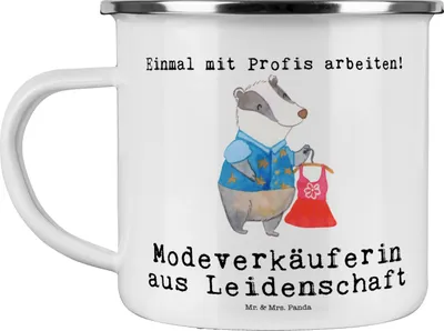 Produktbild von Mr. & Mrs. Panda Teetasse Modeverkäuferin Leidenschaft - Weiß - Geschenk, Witzig, reisetasse, Teebecher, Lustig, Haferl, Spruch, Emaille Tasse, Fashion Store, Pott