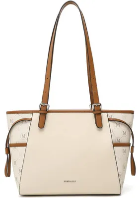Productafbeelding van Dameshandtas van groot formaat, gemaakt van kunstleer, in de kleuren beige en bruin, met afmetingen 30x27x13 cm en een verstelbare schouderband