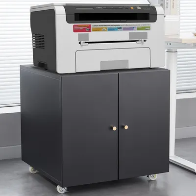 Produktbild von Rollbarer Druckerschrank - schwarz - mit Tür & verstellbarem Boden - 360° Rollen mit Bremsen