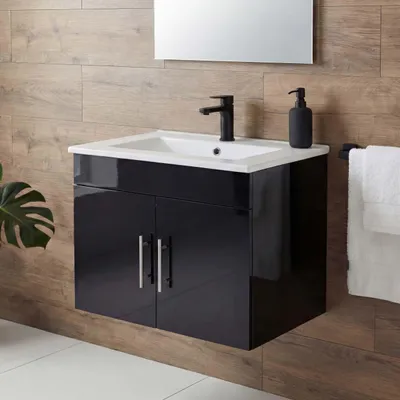 Zdjęcie produktu dla Umywalka + szafka podumywalkowa HWC-D16, umywalka Umywalka z certyfikatem  , wysoki połysk 60 cm ~ czarny
