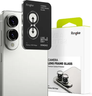 A Ringke camera lens frame protector for a Samsung Galaxy S25 Edge is shown next to its packaging.