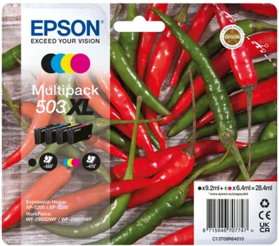 Obrázek produktu pro Epson Multipack 4-colours 503XL Ink, Vysoká (XL) výtěžnost, Černá, Azurová, Purpurová, Žlutá, 9,2 ml, 6,4 ml, 4 kusů, Balení více kusů