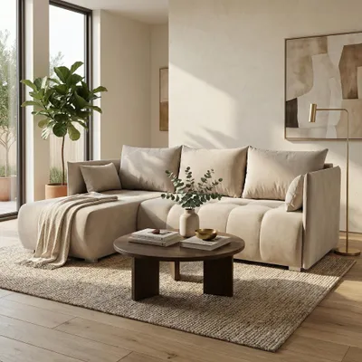 Produktbild von Wohnero24 NESSA Ecksofa mit Schlaffunktion 206x140 cm & Bettkasten – L-Form Couch Creme 218x152 cm